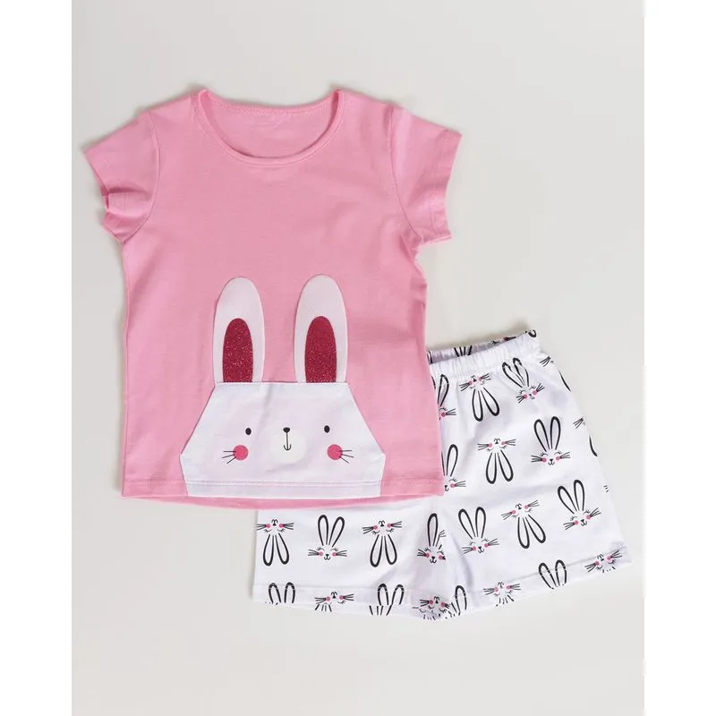Pijama Curto Bebê Estampa Coelho Rosa Claro 2