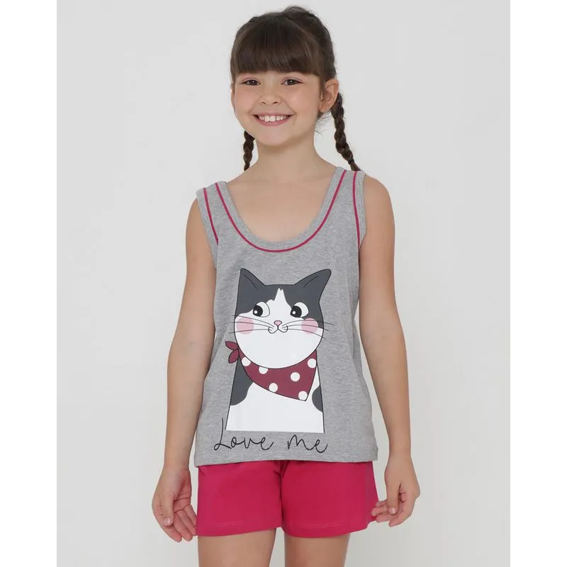 Pijama Infantil Curto Estampa Gato Cinza 8