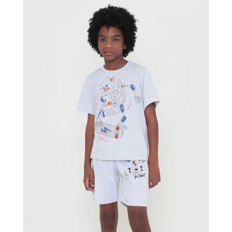 Pijama Juvenil Curto Estampa Robô Cinza Claro 16