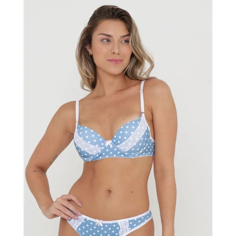 Sutiã Feminino Base Com Bojo Renda Estampa Poá Azul 40