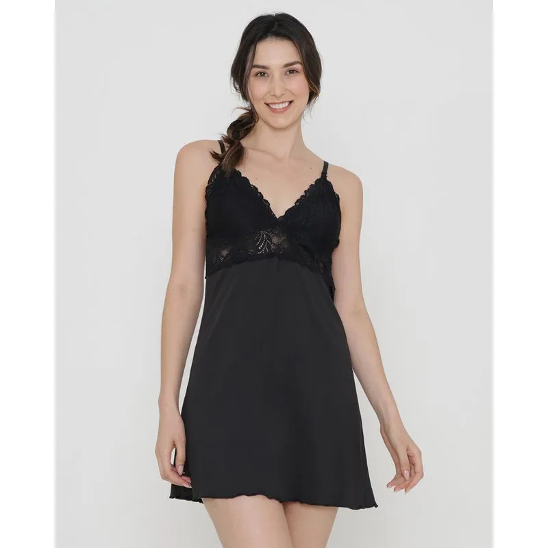Camisola Alcinha Liganete Recorte Renda Lisa Preto 46