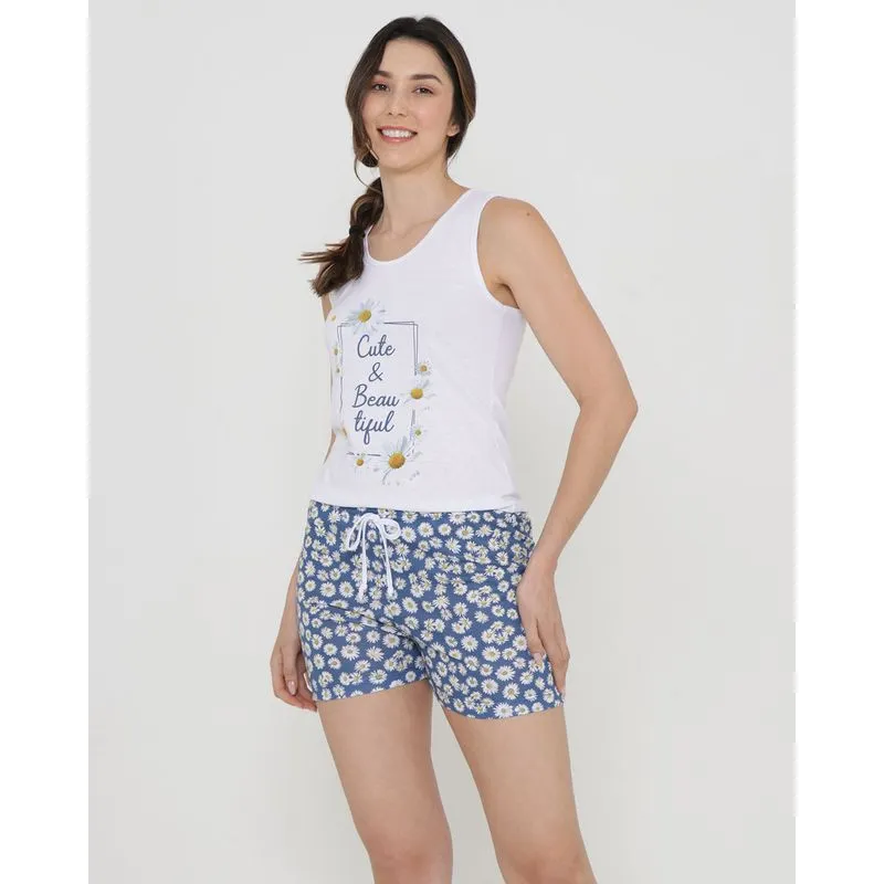 Pijama Feminino Regata Nadador Estampa Floral Branco P