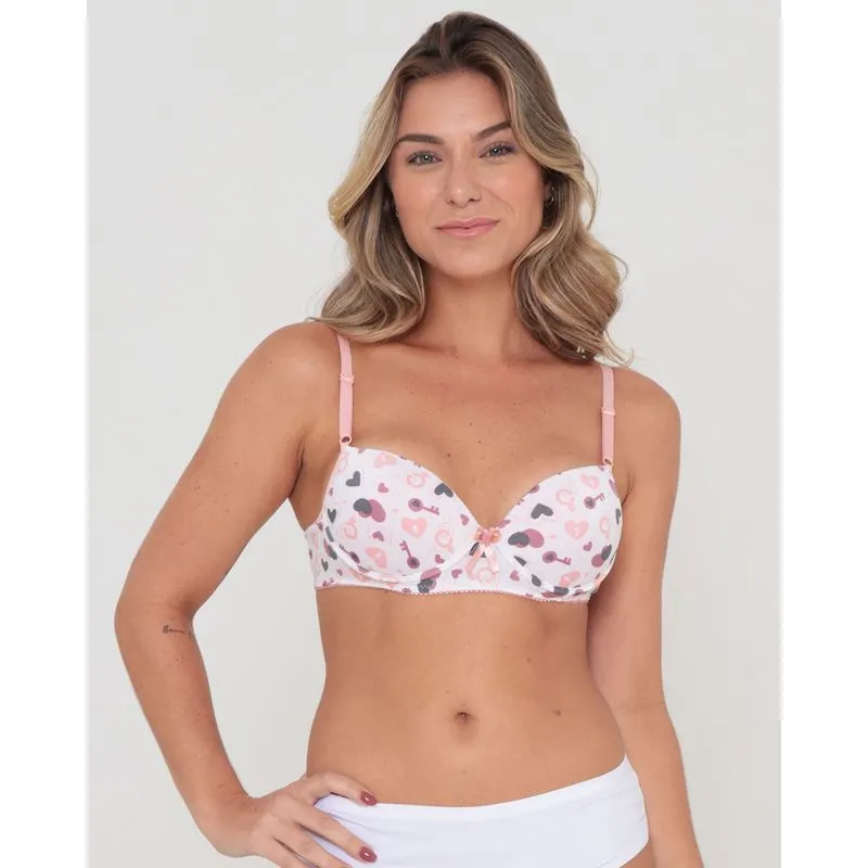 Sutiã Avulso Com Base Bojo Estampa Coração Branco E Rosa G