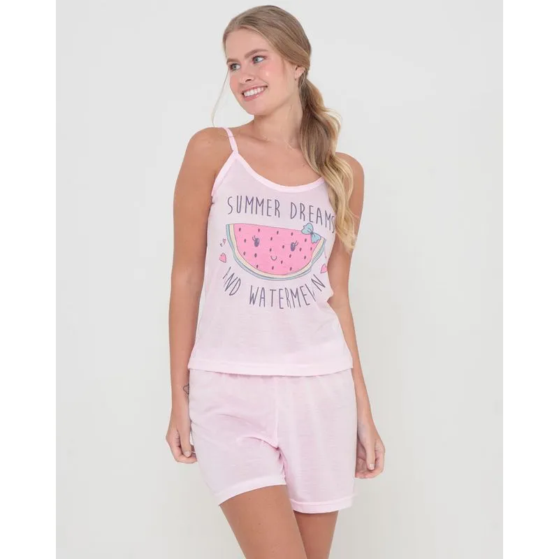 Pijama Curto Feminino Estampa Melancia Rosa Claro P