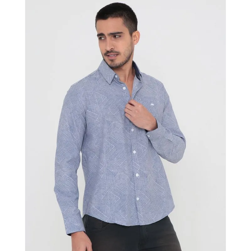 Camisa Masculina Manga Longa Estampada Azul P