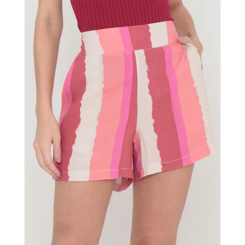 Short Com Bolsos Viscose Listrado Rosa 44