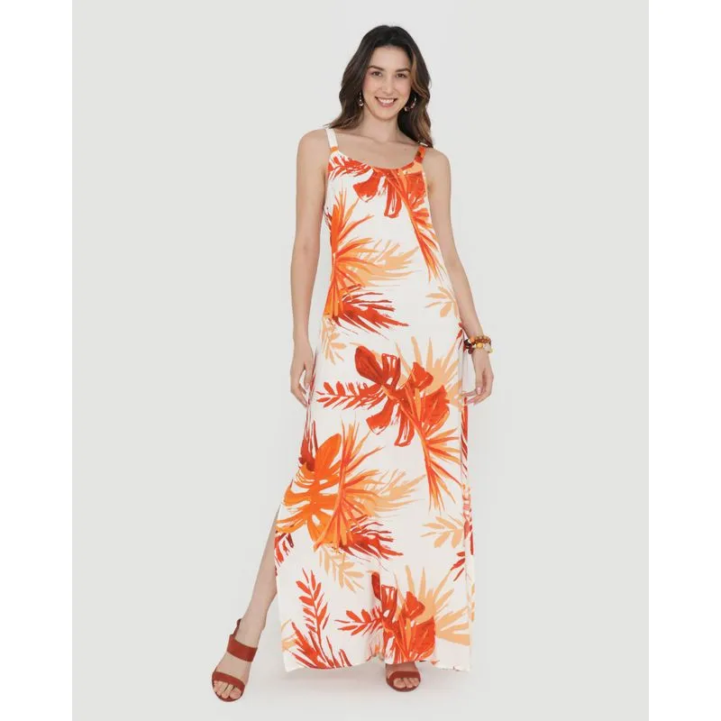 Vestido Longo Alcinha Estampado Floral Laranja 40
