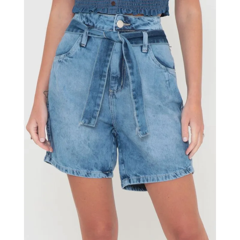 Short Jeans Cintura Alta Com Faixa Denim Azul 44