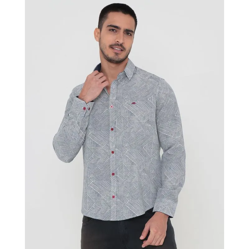 Camisa Masculina Manga Longa Estampada Azul Marinho P