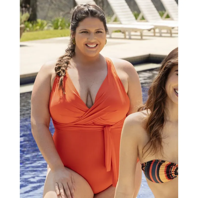Maiô Plus Size Com Bojo Transpassado Liso Laranja 52