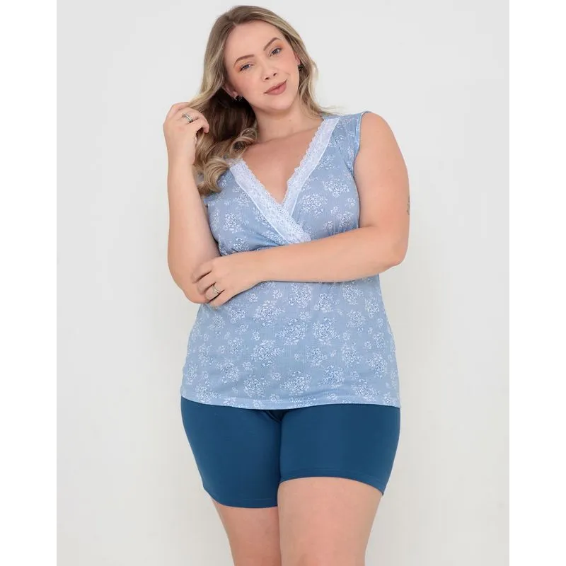 Pijama Feminino Regata Plus Size Renda Floral Azul G3