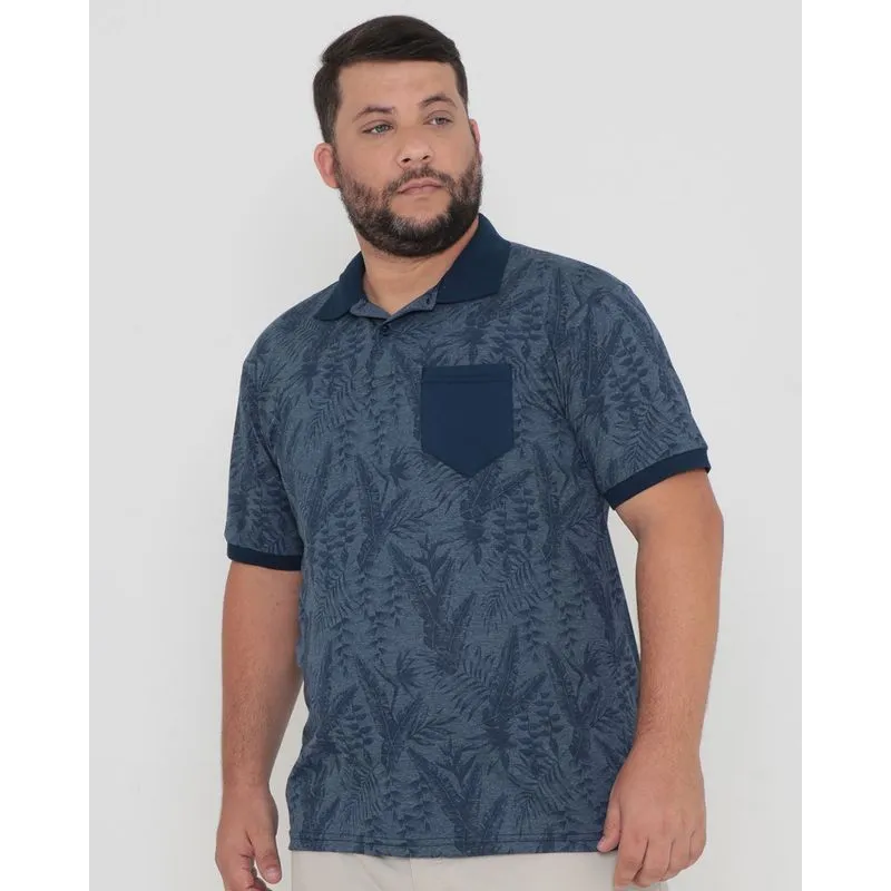 Polo Masculina Plus Size Estampa Floral Bolso Azul Marinho G4