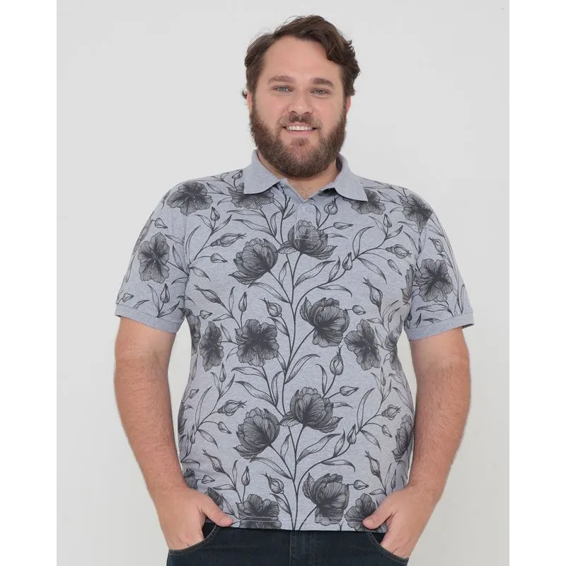 Polo Masculina Plus Size Estampa Floral Cinza G2
