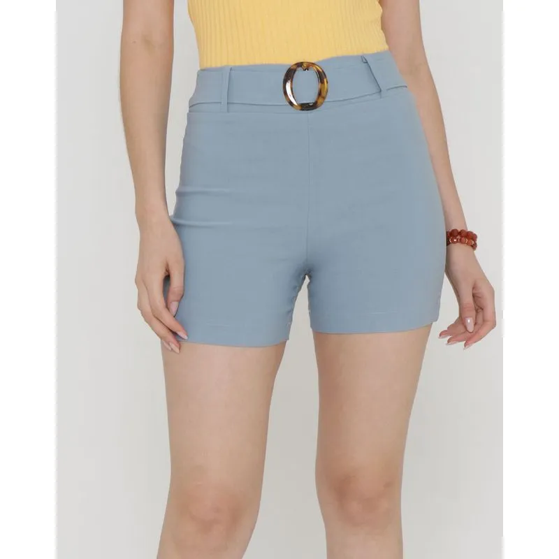 Short Bengaline Com Cinto Liso Azul Claro GG