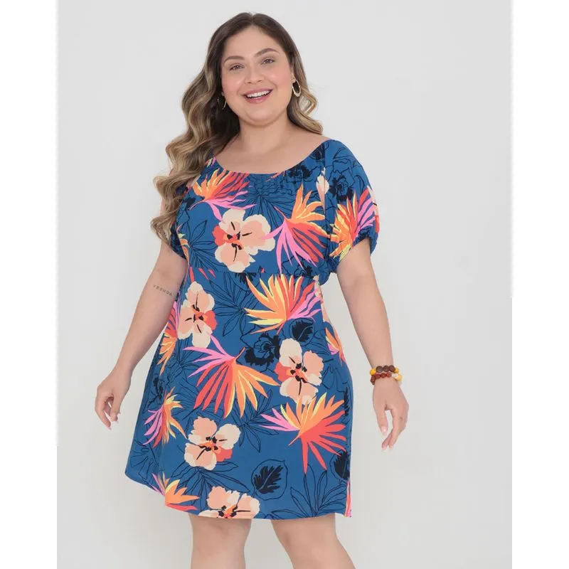 Vestido Plus Size Ciganinha Estampado Floral Azul G2