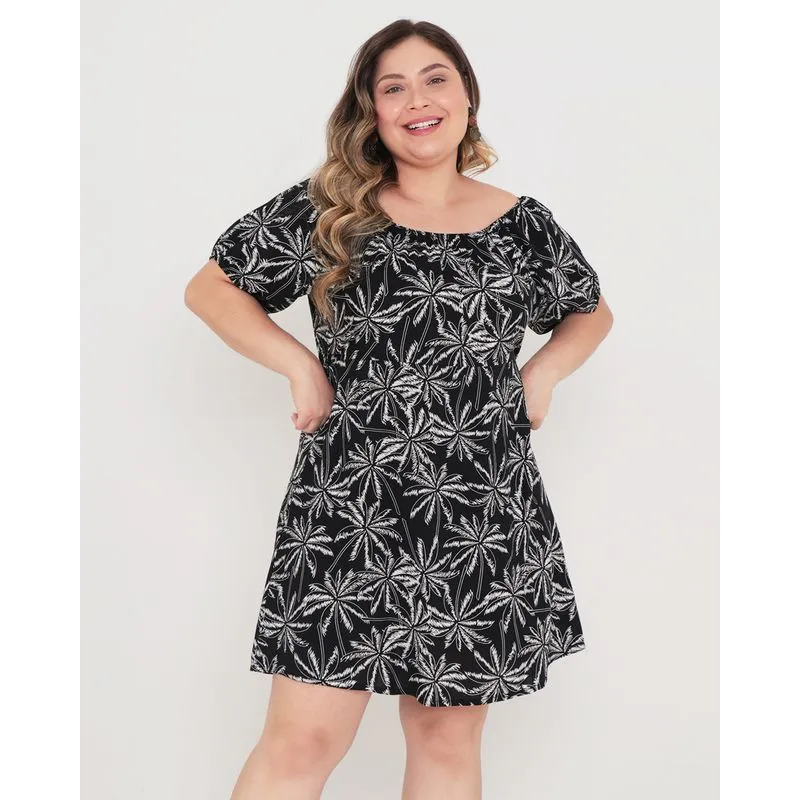 Vestido Plus Size Ciganinha Estampado Floral Preto G2
