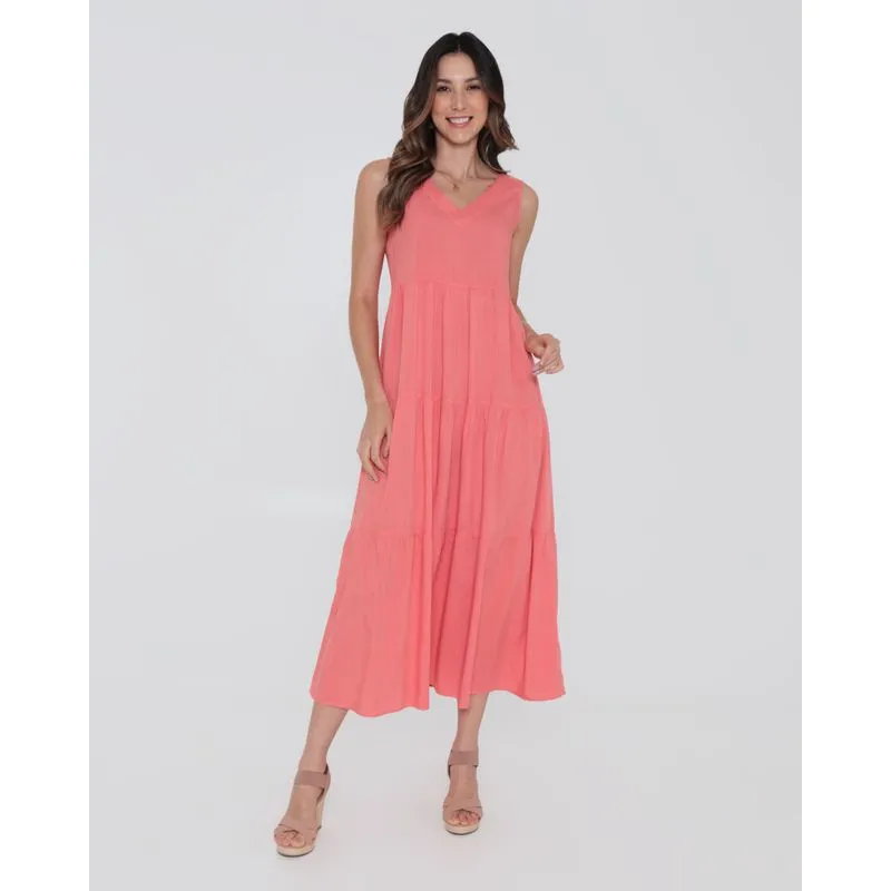 Vestido Longo Babados Viscose Liso Rosa Claro M