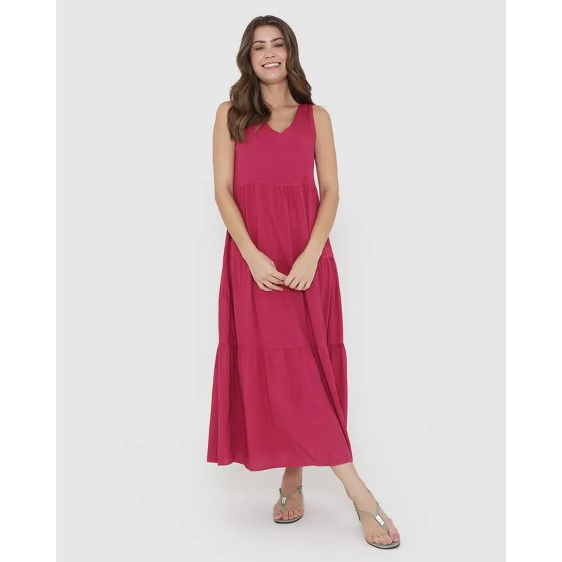 Vestido Longo Babados Viscose Liso Rosa Pink P