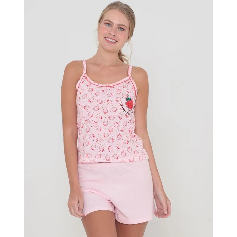 Pijama Curto Feminino Estampa Morangos Rosa Claro G