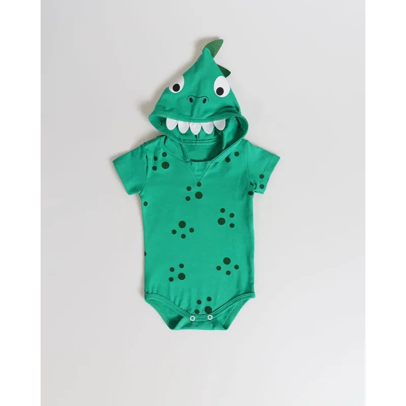 Body Bebê Interativo Com Capuz Estampa Dino Verde P
