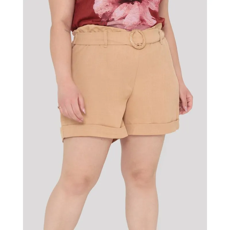 Short Feminino Com Cinto Plus Size Bege Claro G3