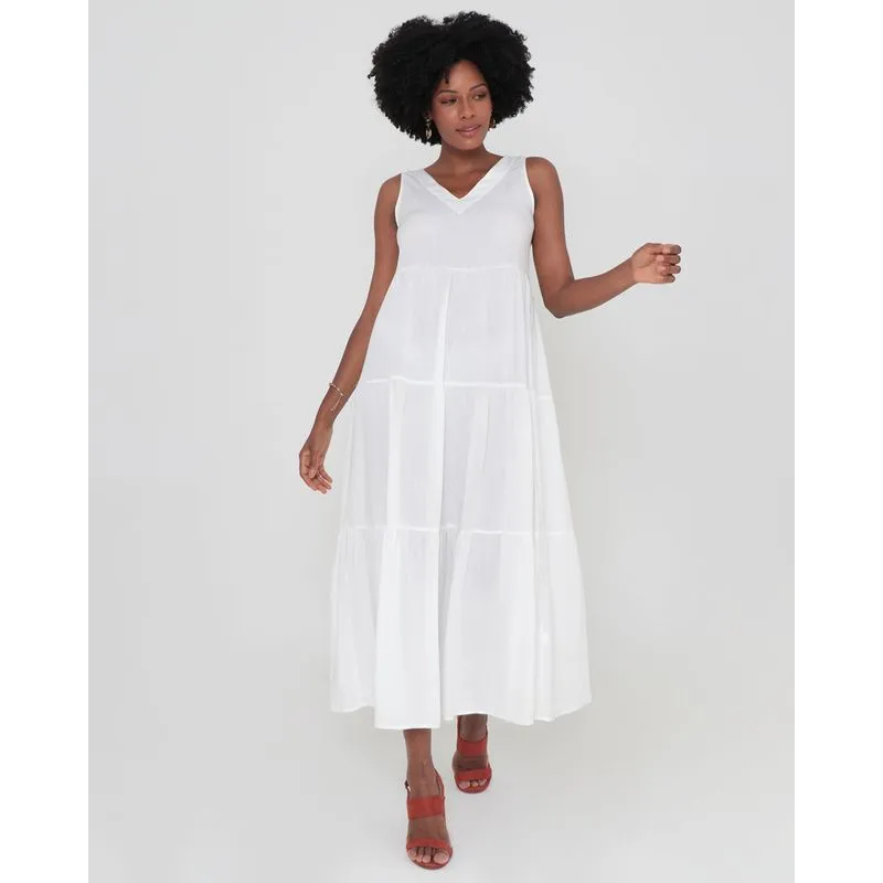 Vestido Longo Babados Viscose Liso Branco GG