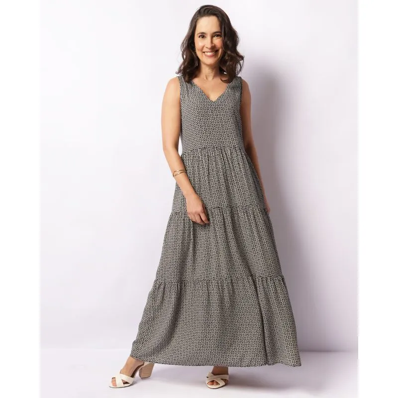 Vestido Feminino Longo Viscose Três Marias Decote V Estampado Preto G