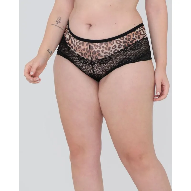 Calcinha Caleçon Plus Size Tule e Renda Animal Print Preta M