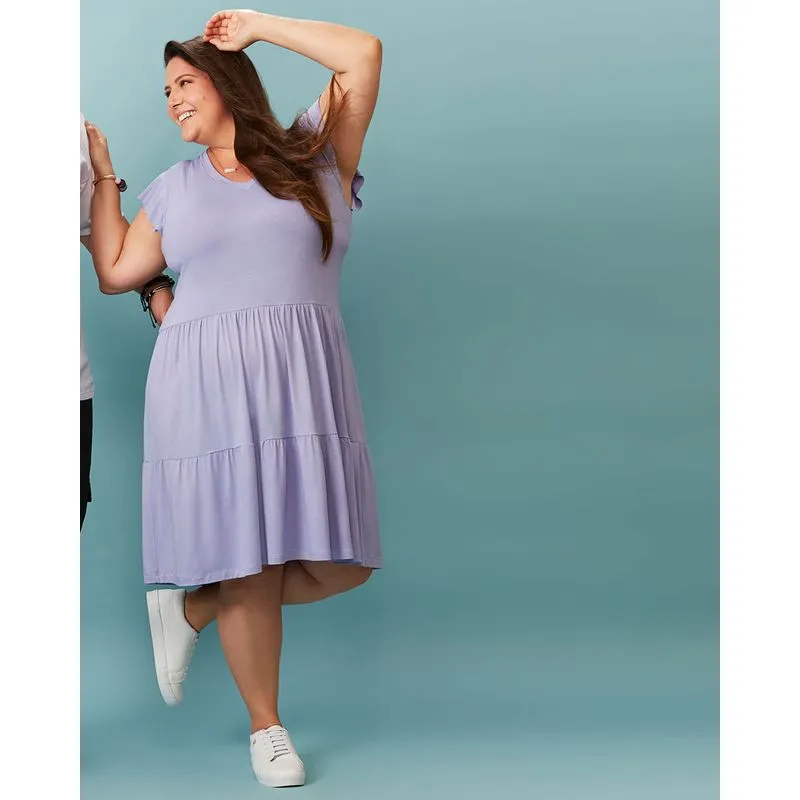 Vestido Plus Size Babados Manga Curta Liso Lilás G1