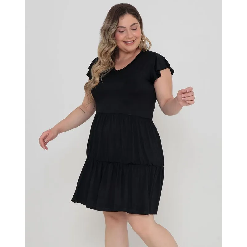 Vestido Plus Size Babados Manga Curta Liso Preto G2