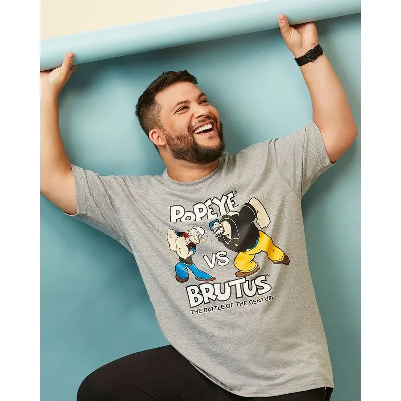 Camiseta Plus Size Popeye e Brutus Gangster Cinza Claro G3