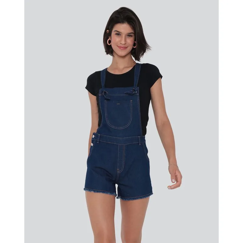 Jardineira Jeans Feminina Barra Desfiada Azul 42