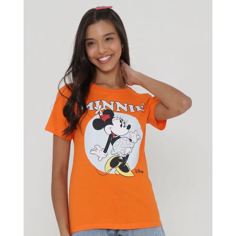 Camiseta Feminina Algodão Disney Minnie Manga Curta Laranja M