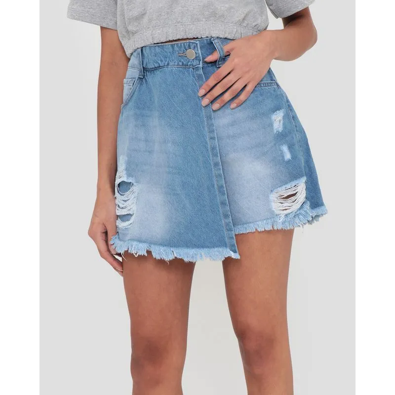 Short Saia Jeans Destroyed Azul Claro 46