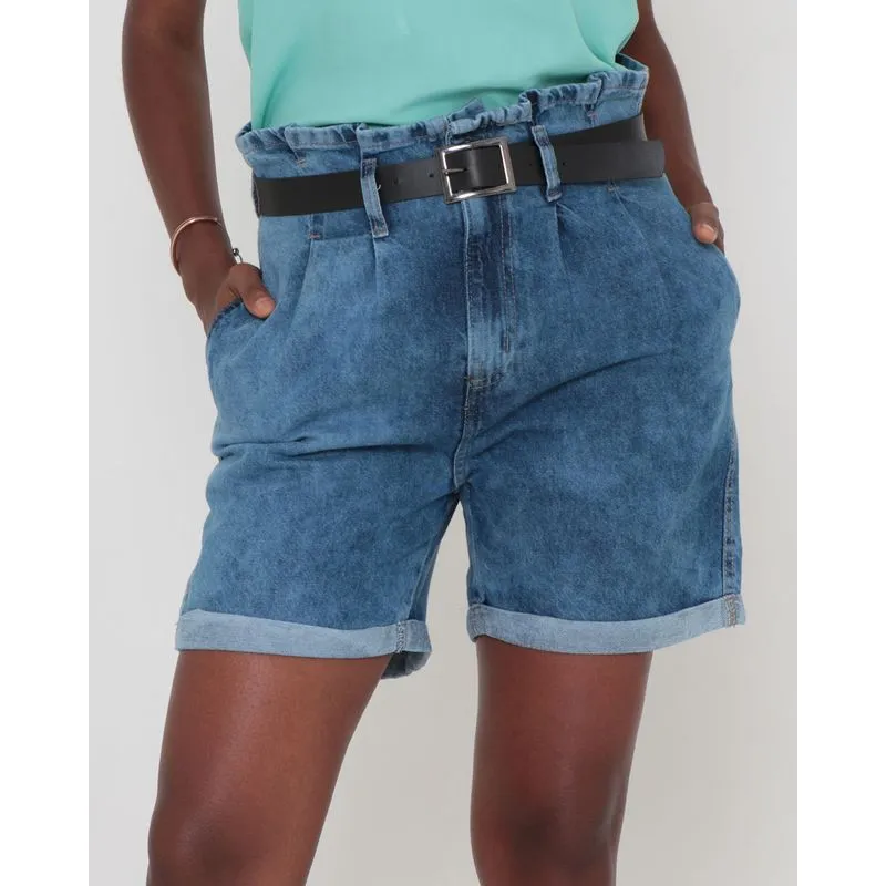 Short Jeans Com Cinto Franzido Marmorizado Azul 48