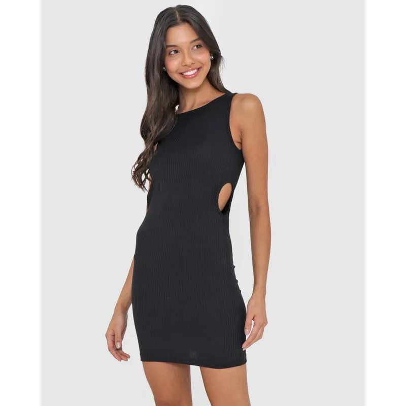 Vestido Curto Canelado Com Abertura Lateral Preto P