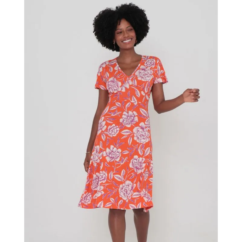 Vestido Decote V Estampado Floral Malha Laranja GG