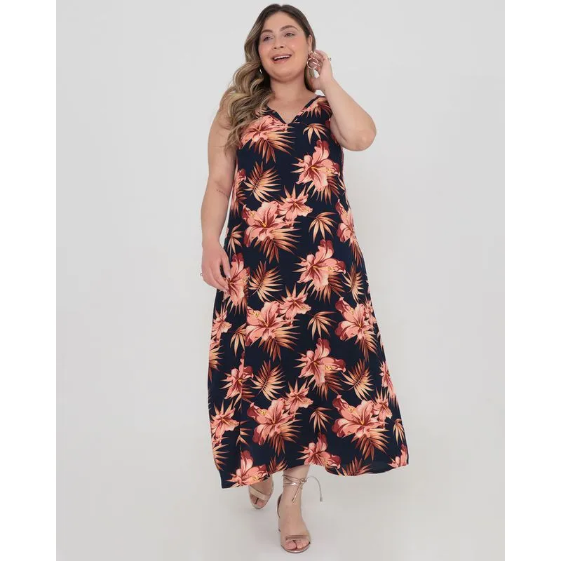 Vestido Plus Size Decote V Midi Floral Viscose Azul Marinho G1
