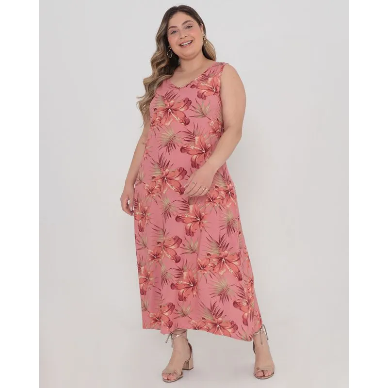Vestido Plus Size Decote V Midi Floral Viscose Rosa G1
