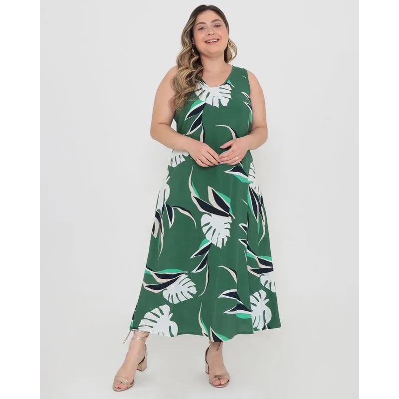 Vestido Plus Size Decote V Midi Floral Viscose Verde G2