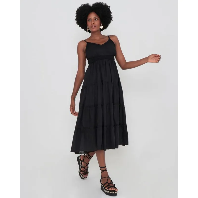 Vestido Midi Alcinha Renda Com Babados Preto GG