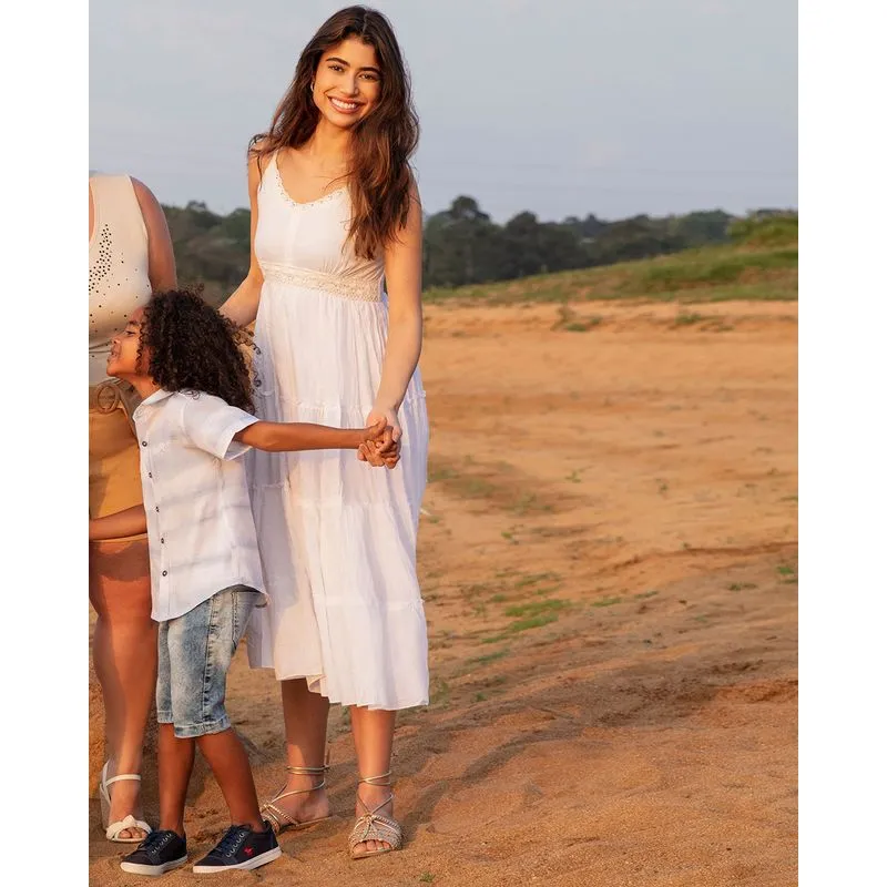 Vestido Midi Alcinha Renda Com Babados Branco GG