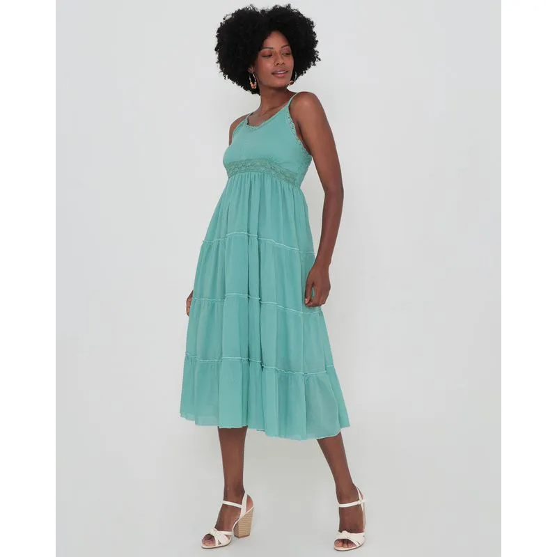 Vestido Midi Alcinha Renda e Babados Verde Claro G