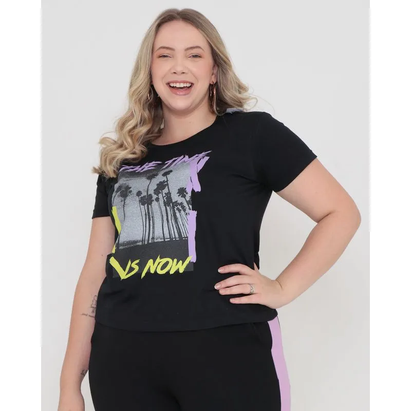 Blusa Plus Size Manga Curta Estampa The Time Preta G2