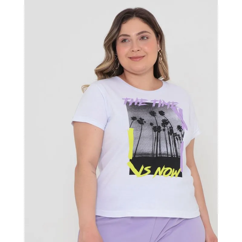 Blusa Plus Size Manga Curta Estampa The Time Branca G3