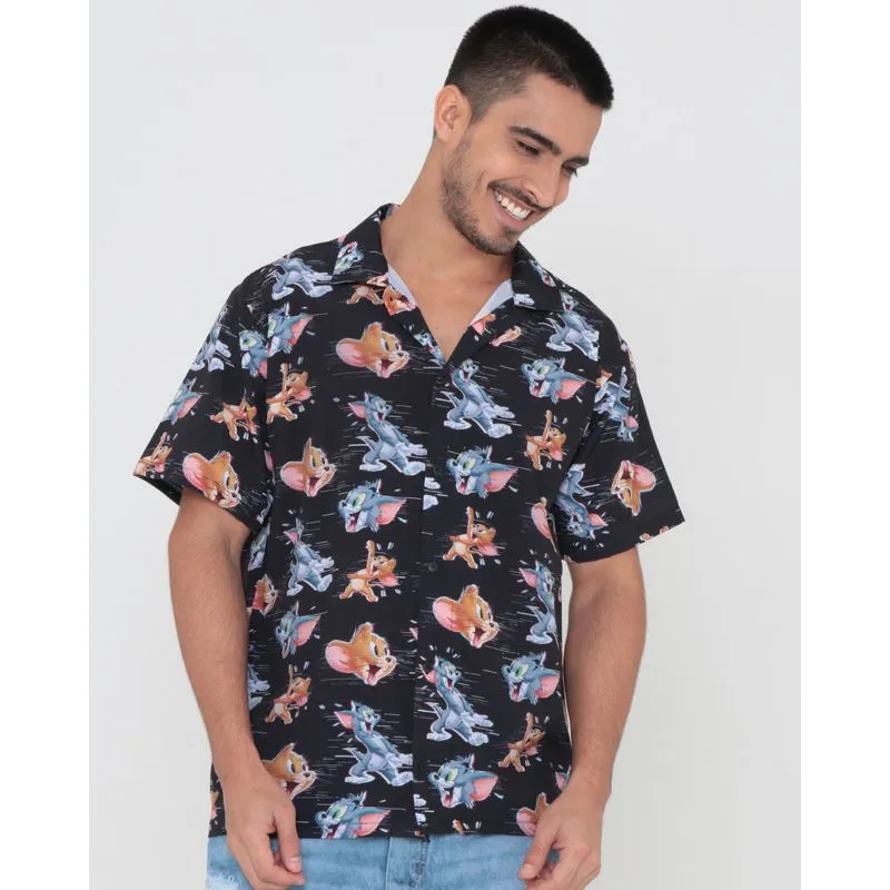 Camisa Manga Curta Estampada Tom e Jerry Warner Preta G