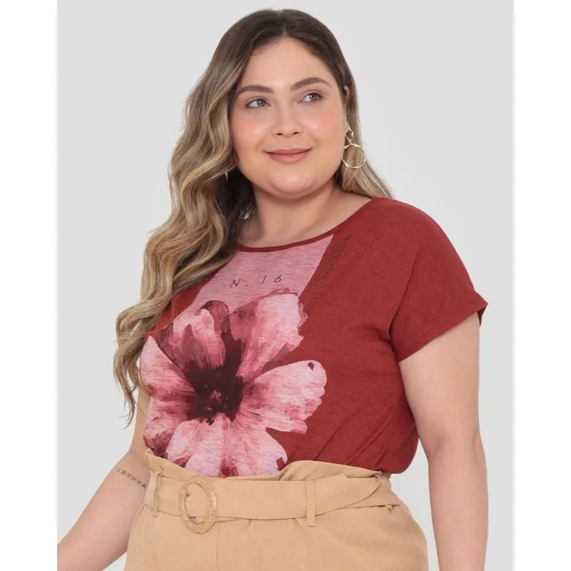 Blusa Plus Size Estampa Floral Flame Terracota G1