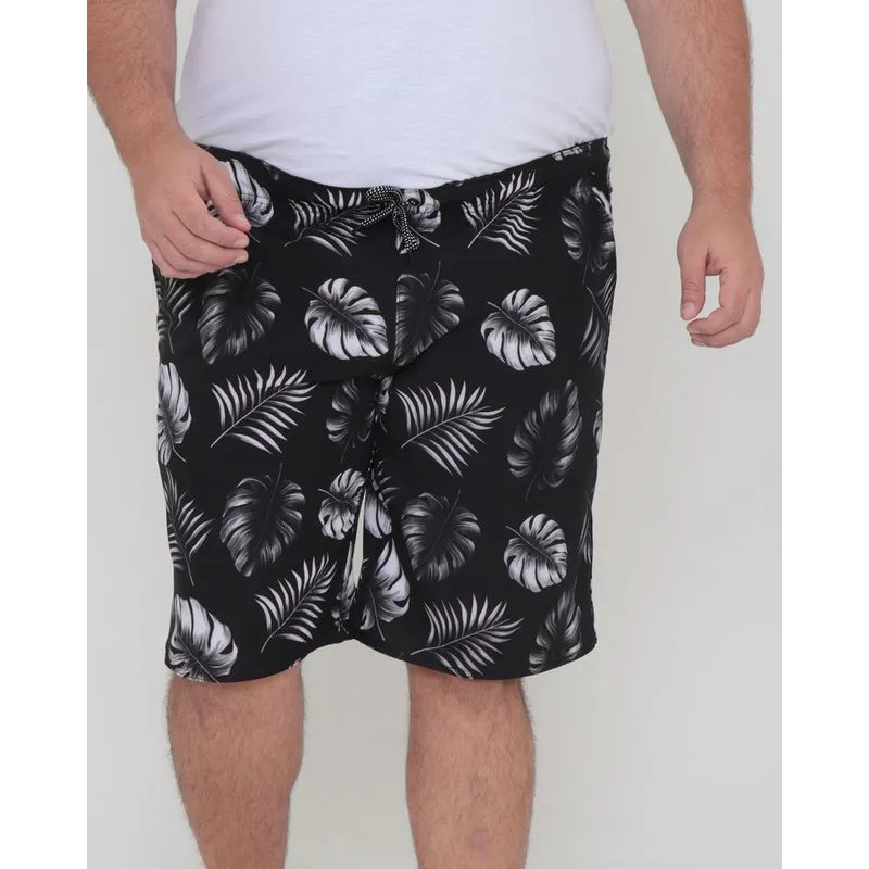 Bermuda Surf Masculina Plus Size Estampa Folhas Preta G3