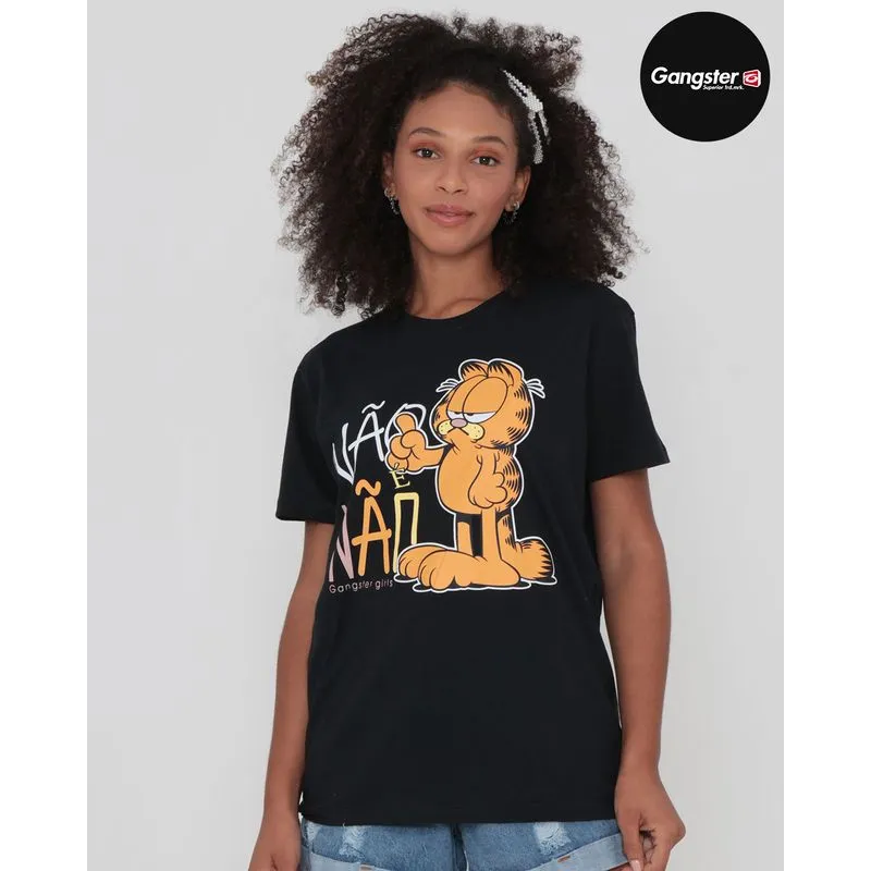 Camiseta Manga Curta Estampa Garfield Gangster Preta G