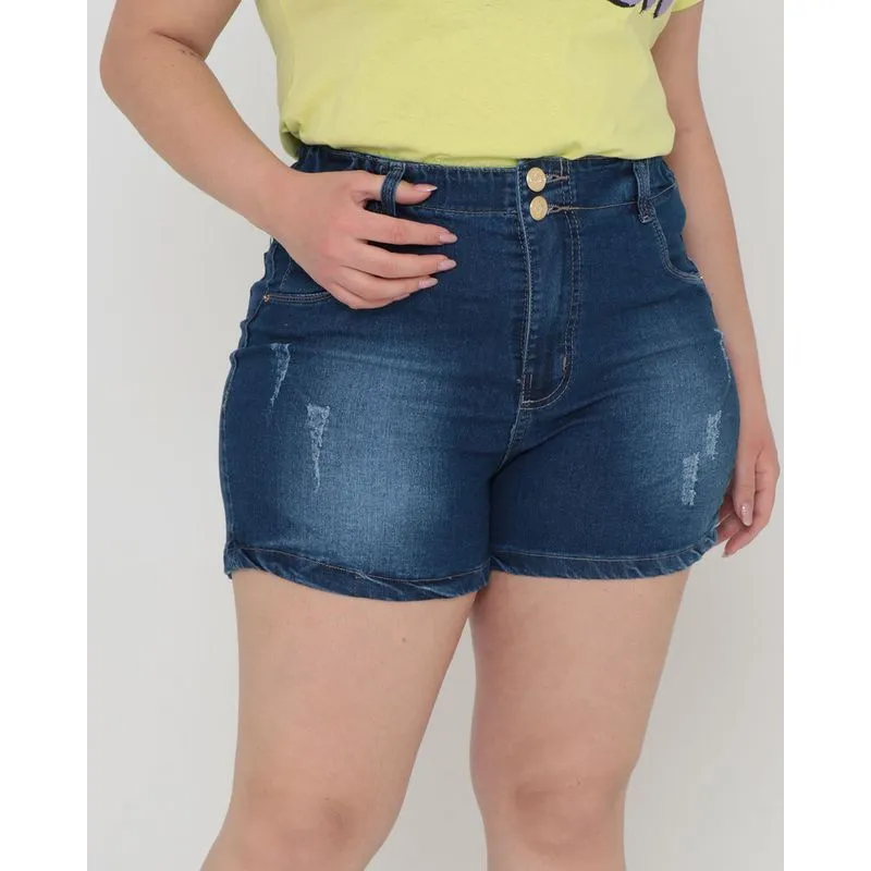 Short Jeans Feminino Plus Size Com Elástico Azul 46
